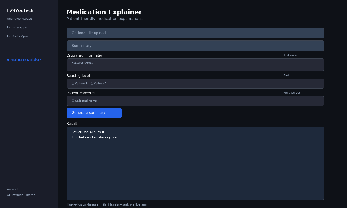 Example workspace for Medication Explainer with labeled fields