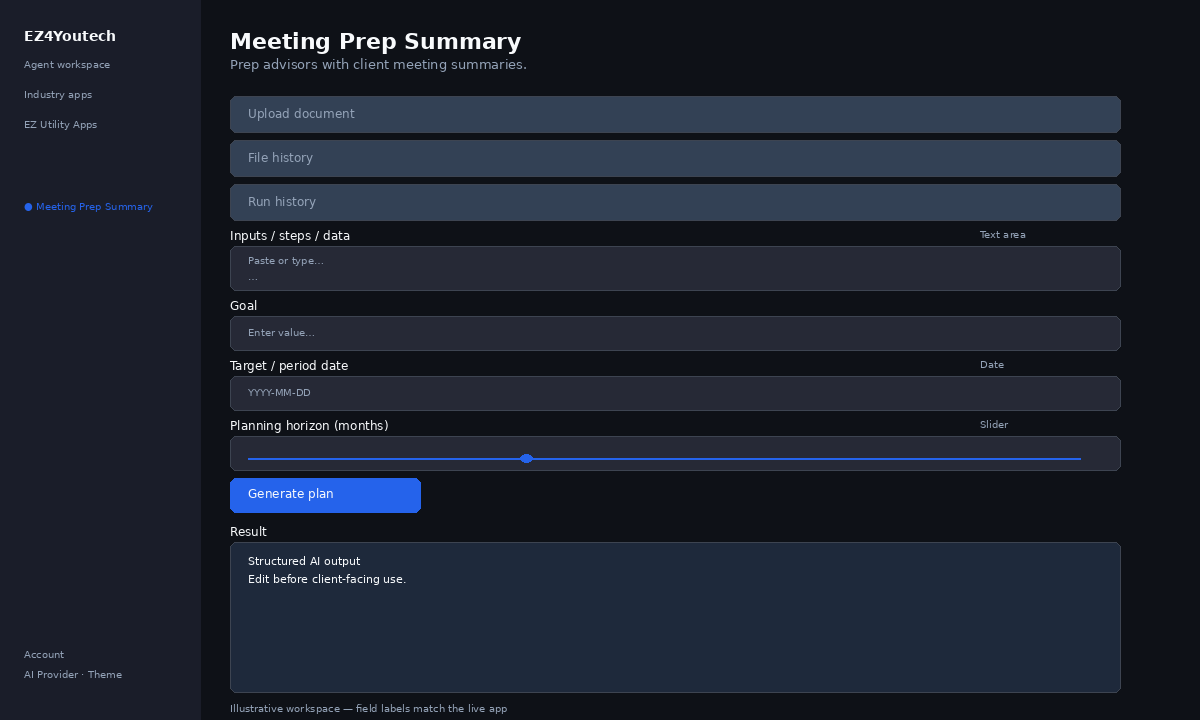 Example workspace for Meeting Prep Summary with labeled fields