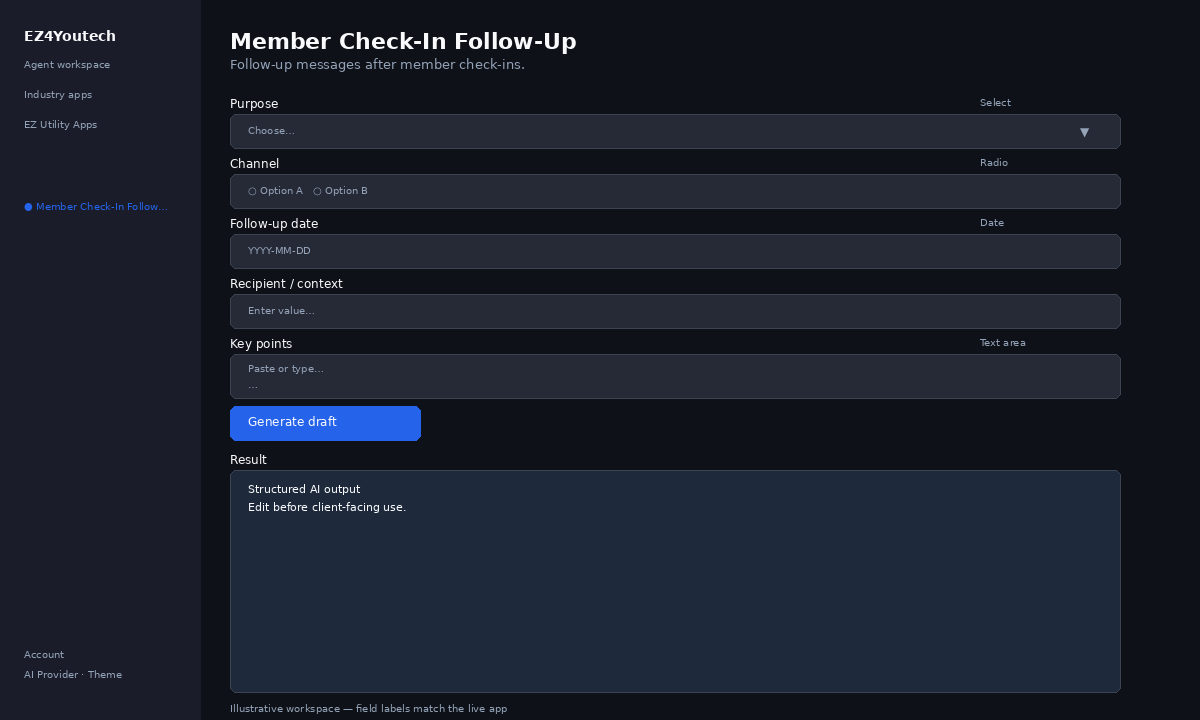 Example workspace for Member Check-In Follow-Up with labeled fields