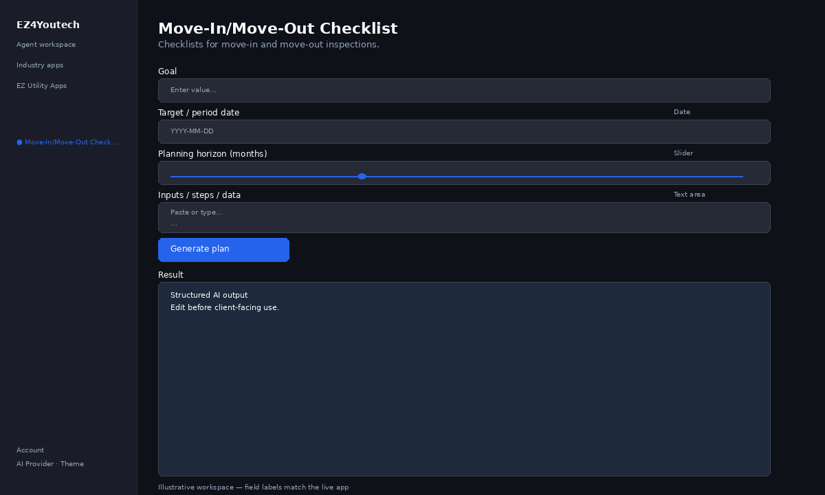 Example workspace for Move-In/Move-Out Checklist with labeled fields