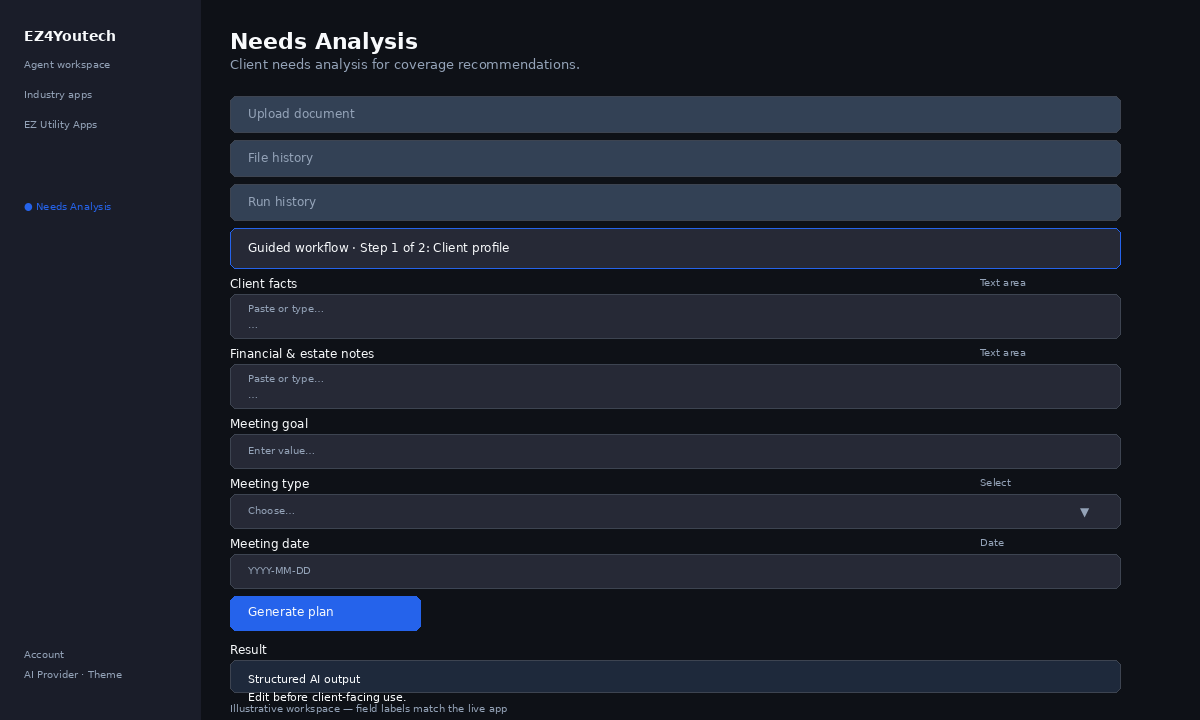 Example workspace for Needs Analysis with labeled fields