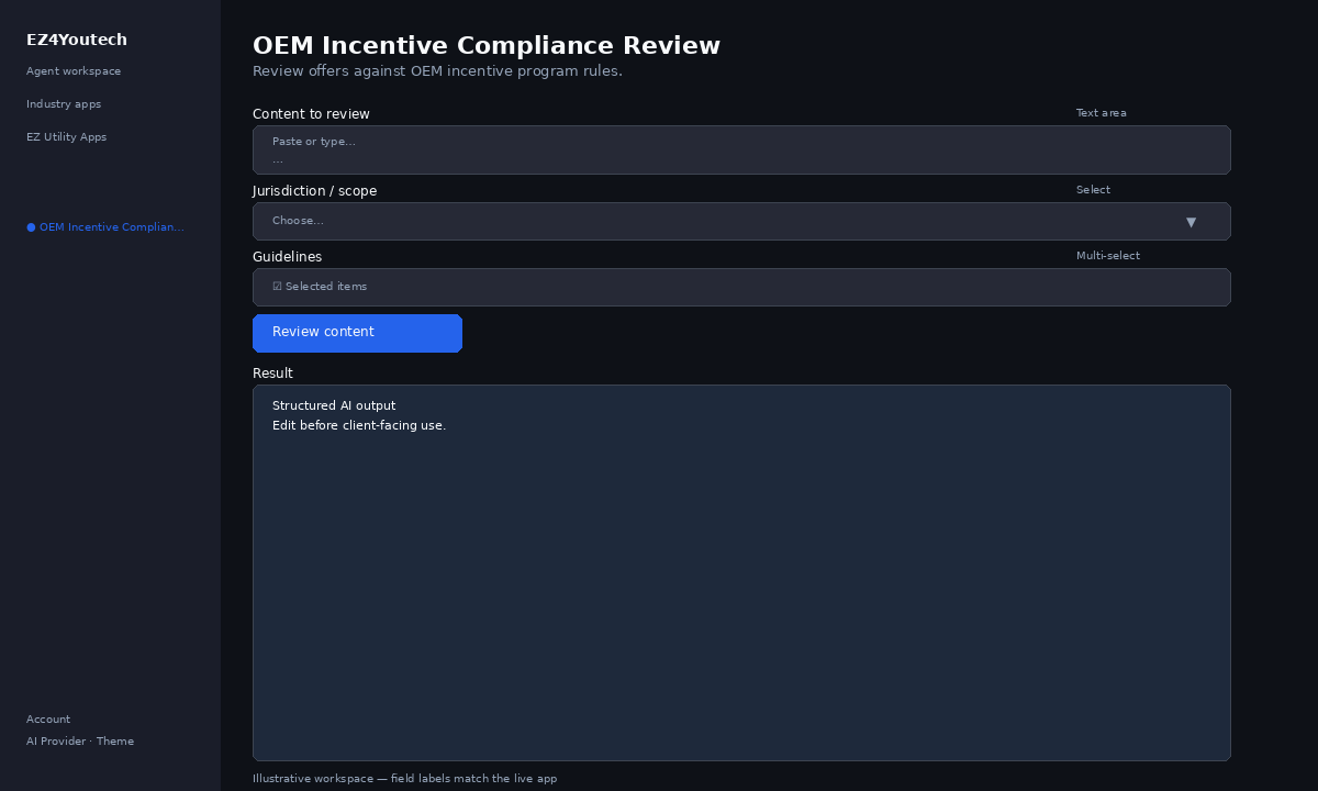 Example workspace for OEM Incentive Compliance Review with labeled fields