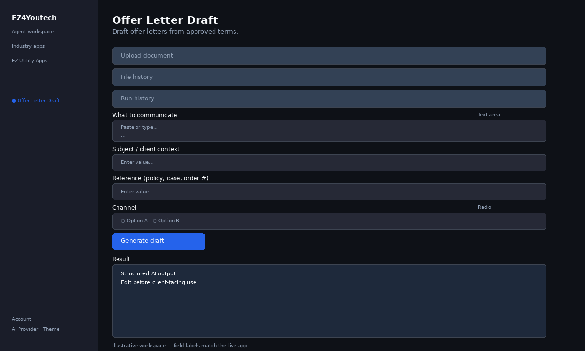 Example workspace for Offer Letter Draft with labeled fields