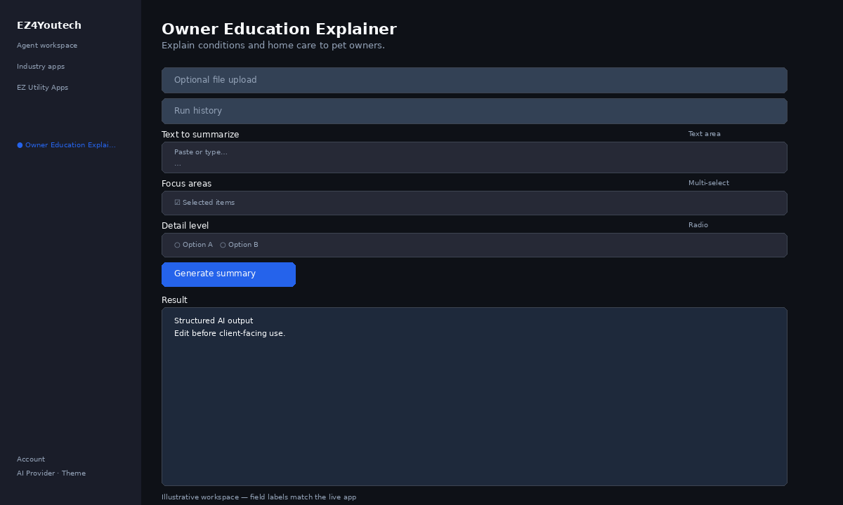 Example workspace for Owner Education Explainer with labeled fields