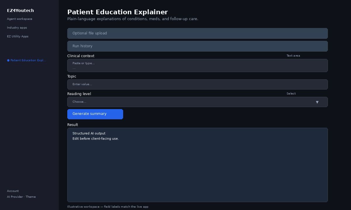 Example workspace for Patient Education Explainer with labeled fields