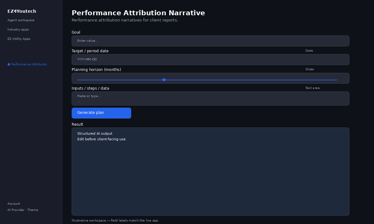 Example workspace for Performance Attribution Narrative with labeled fields