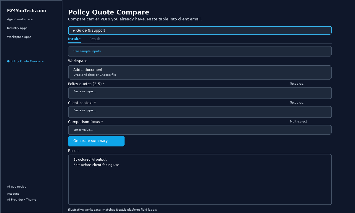 Example workspace for Policy Quote Compare with labeled fields