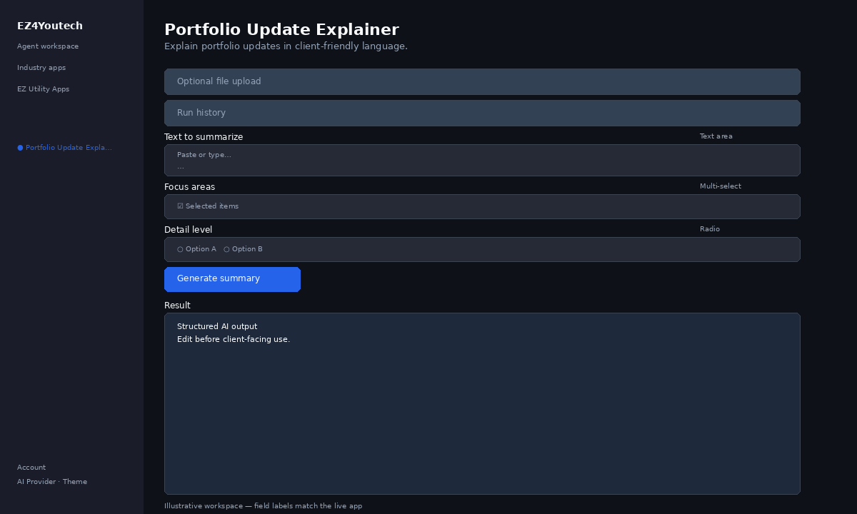 Example workspace for Portfolio Update Explainer with labeled fields