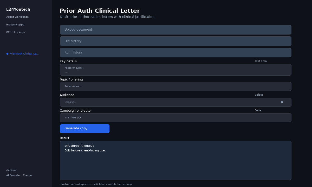 Example workspace for Prior Auth Clinical Letter with labeled fields