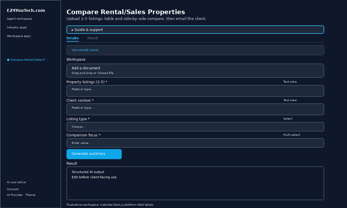 Example workspace for Compare Rental/Sales Properties with labeled fields