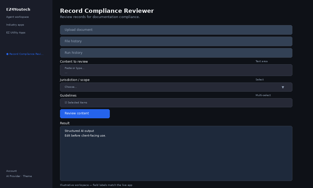 Example workspace for Record Compliance Reviewer with labeled fields
