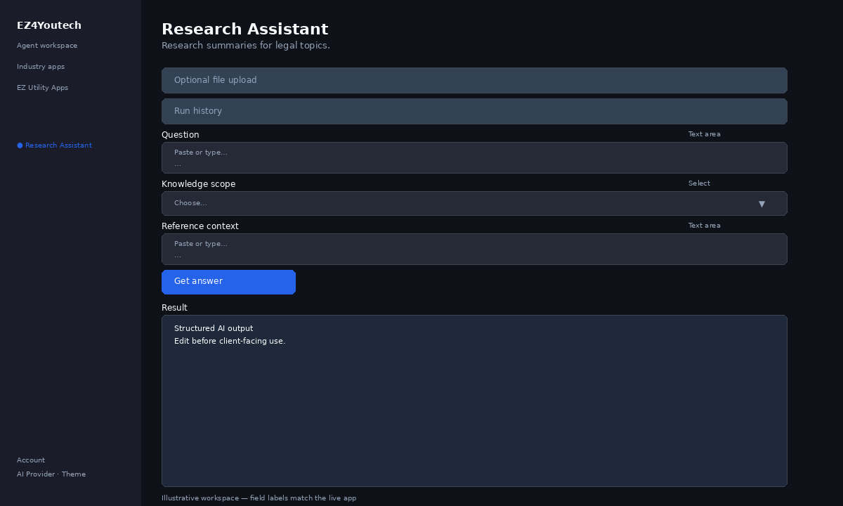 Example workspace for Research Assistant with labeled fields