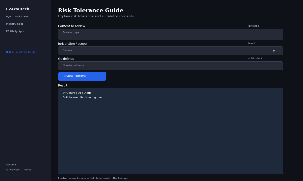 Example workspace for Risk Tolerance Guide with labeled fields