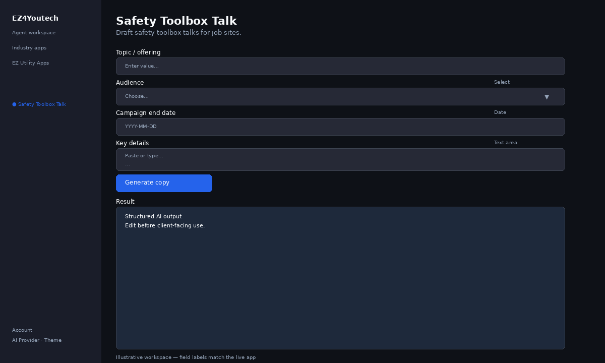 Example workspace for Safety Toolbox Talk with labeled fields