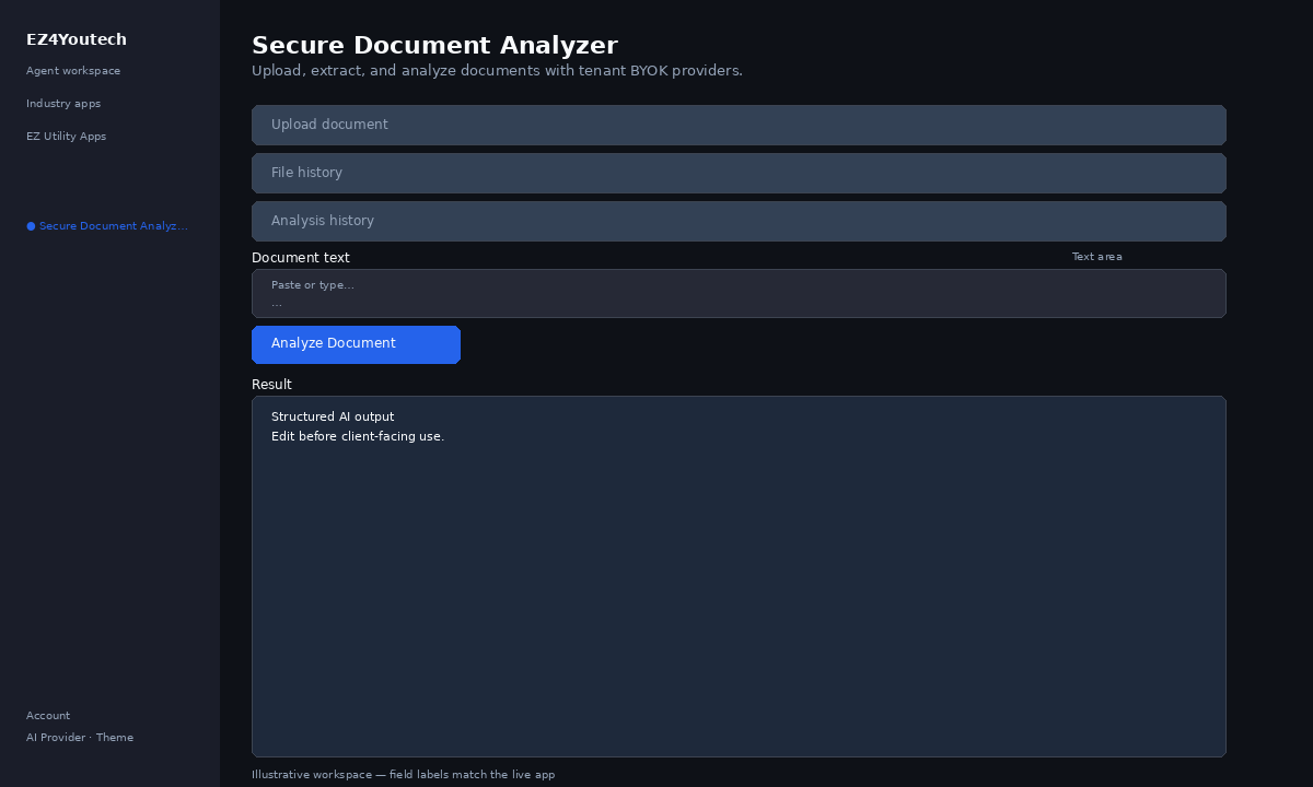 Secure Document Analyzer workspace with labeled fields