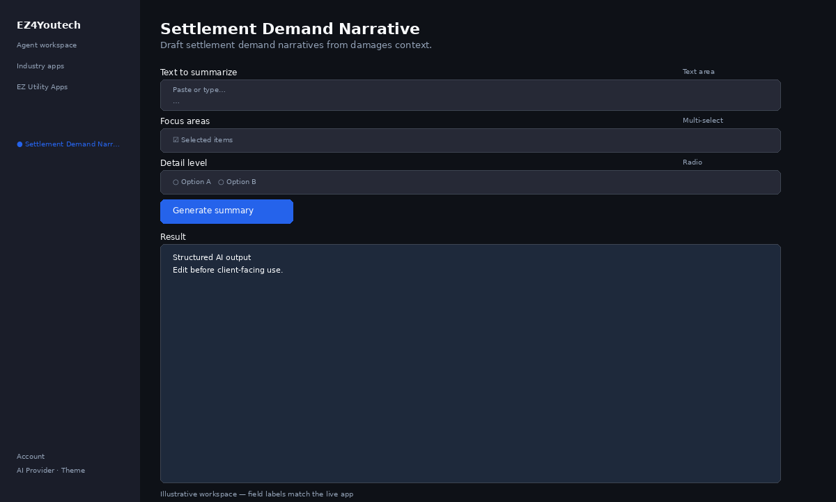 Example workspace for Settlement Demand Narrative with labeled fields