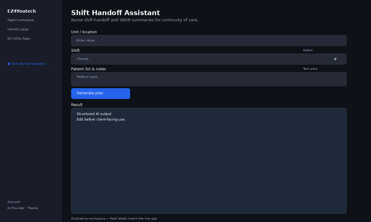 Example workspace for Shift Handoff Assistant with labeled fields