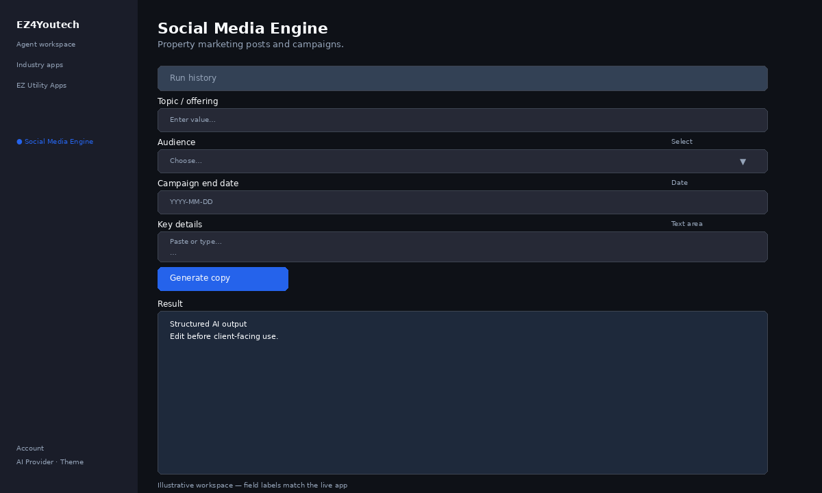 Example workspace for Social Media Engine with labeled fields