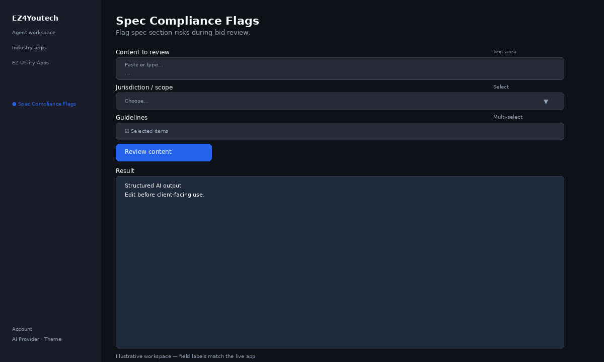 Example workspace for Spec Compliance Flags with labeled fields