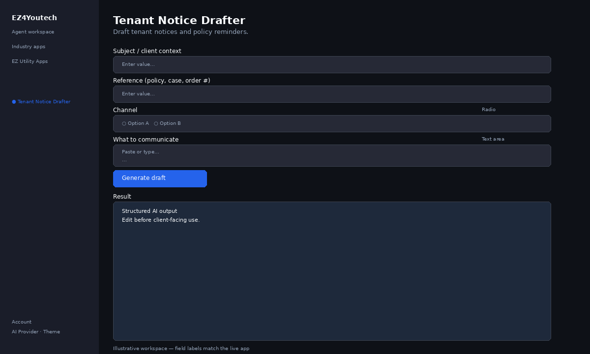 Example workspace for Tenant Notice Drafter with labeled fields