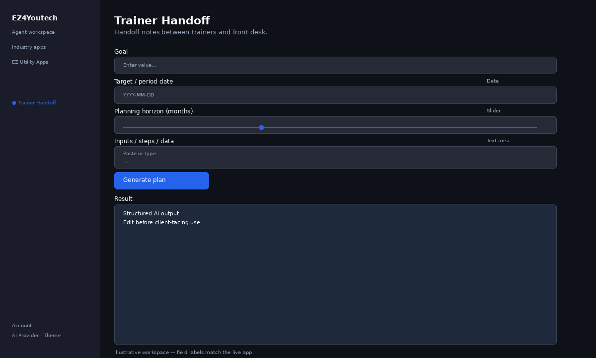 Example workspace for Trainer Handoff with labeled fields