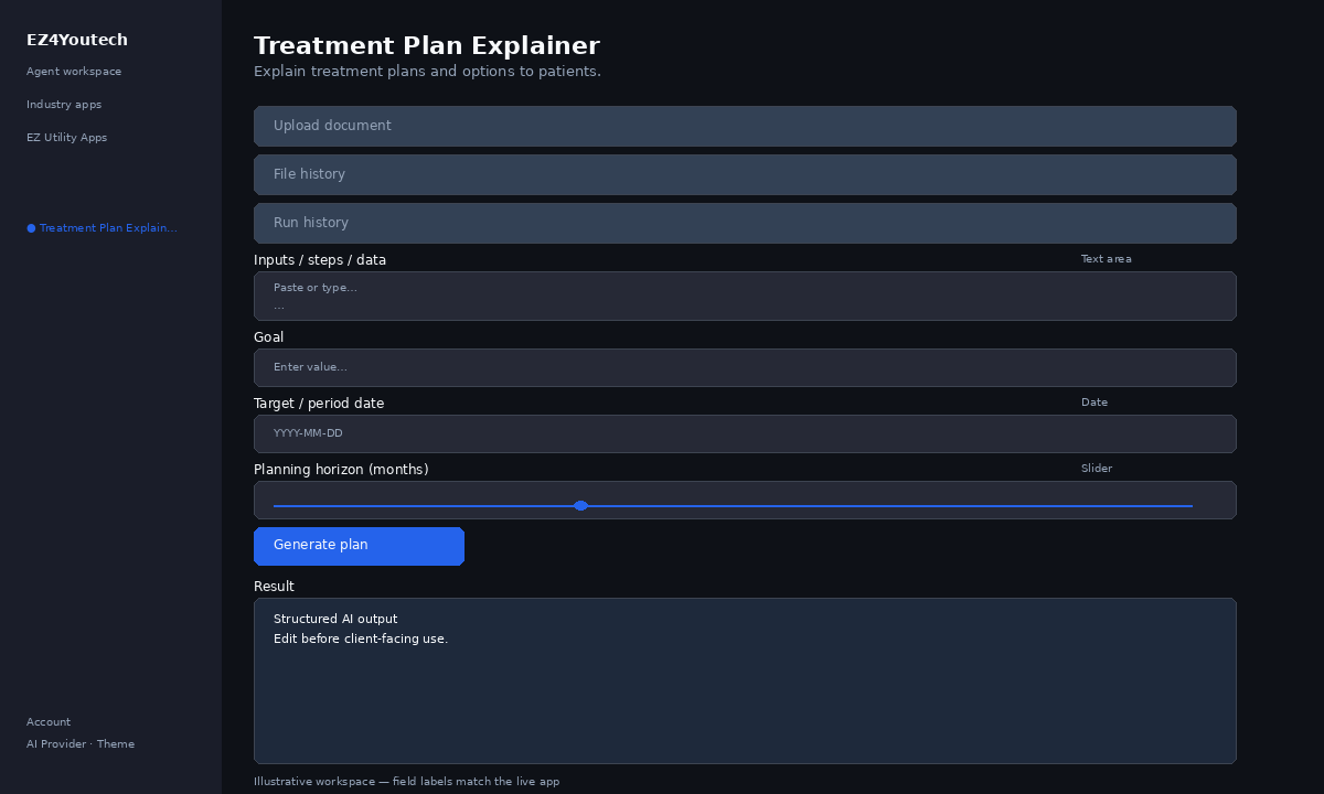 Example workspace for Treatment Plan Explainer with labeled fields