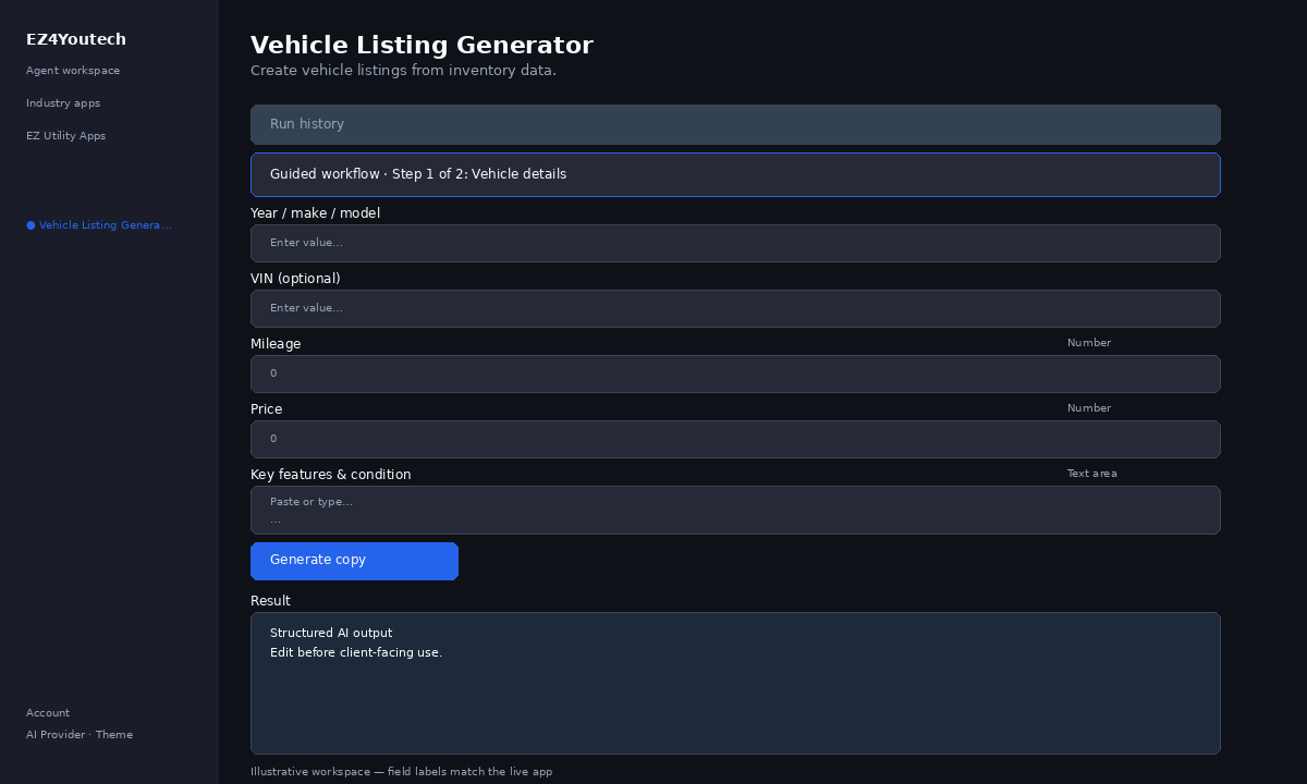 Example workspace for Vehicle Listing Generator with labeled fields