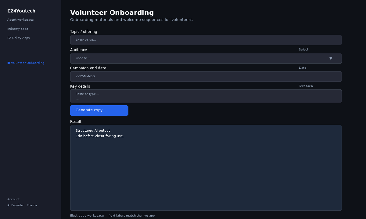Example workspace for Volunteer Onboarding with labeled fields