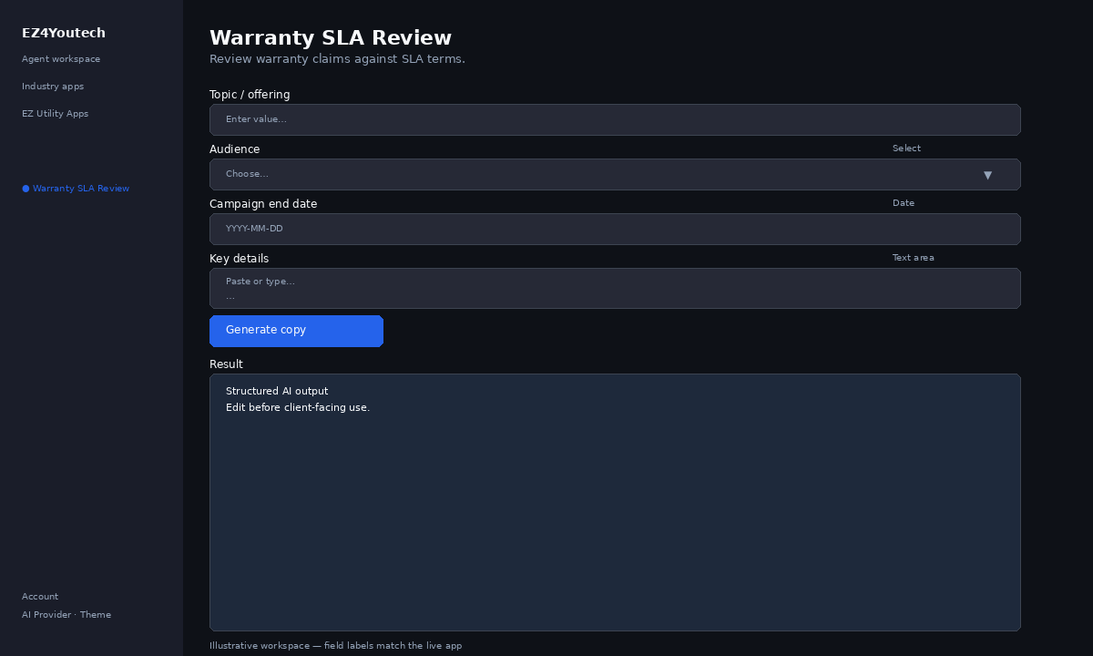 Example workspace for Warranty SLA Review with labeled fields
